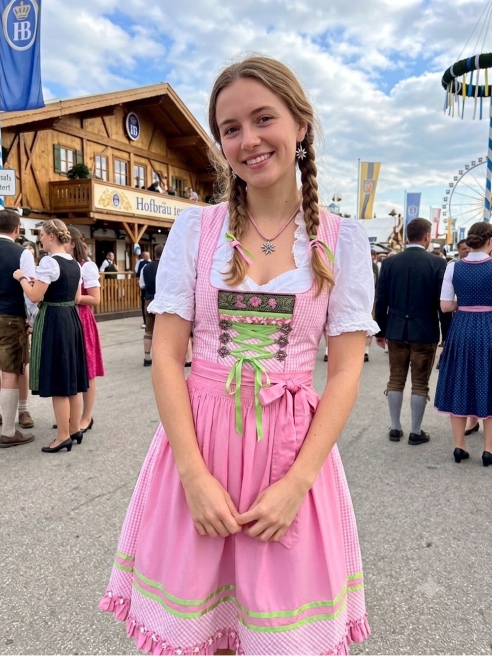 Kruger Pink Dirndl Costume with White Blouse and Green Accents